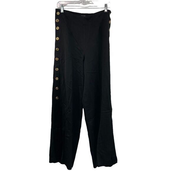 Zara High Waist Wide Leg Leighton Pants Sz Medium Black Side Gold Buttons - Picture 1 of 3